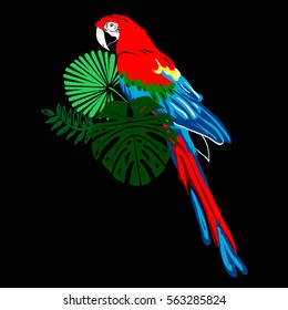 parrot sitting on branch of  tropical leaves. vector illustration