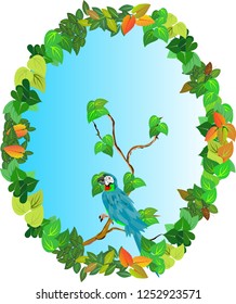 Parrot sitting on round flowers frame