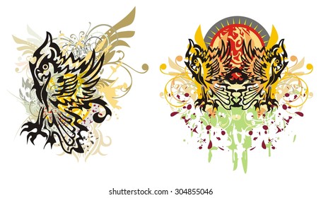 Parrot splashes in grunge style. Psychedelic colors parrot splashes with blood drops