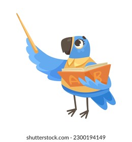 Parrot Student with Book and Pointer Studying at School Vector Illustration