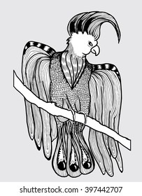 A parrot. Stylized bird. Line art. Black and white drawing by hand. Tattoo.