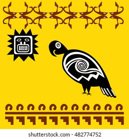  A parrot and sun -stylized graphics. Ethnic pattern of American Indians: Aztecs, Mayans, Incas. drawing in the Mexican style. Vector illustration.