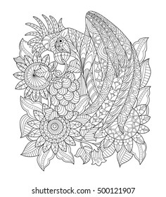 Parrot in the sunflower garden. Zentangle stylized cartoon isolated on white background. Hand drawn sketch illustration for adult coloring book, T-shirt emblem, logo tattoo, zentangle design elements.