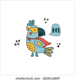 Parrot superhero in funny comic costumes. Vector hand-drawn illustration with a bird on white background. Can be used for greeting card, nursery, poster.