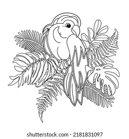 Parrot surrounded by tropical leaves. Anti-stress coloring book for adults and children. Black and white illustration.