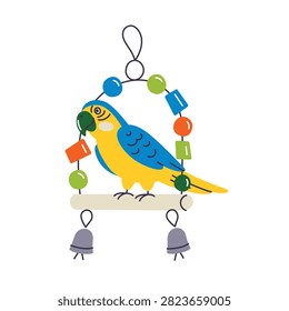 Parrot swing scene, flat cartoon macaw perched on hanging toy with colorful beads and bells. Vector illustration for pet bird accessories and cage enrichment concept, isolated colored clipart on white background