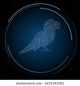 The parrot symbol filled with white dots. Pointillism style. Some dots is red. Vector illustration on blue background with stars