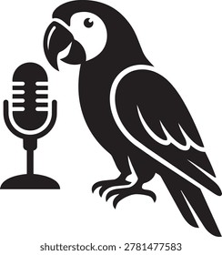 Parrot talking into microphone black and white vector illustration