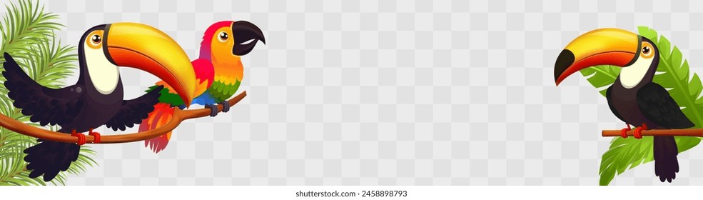 Parrot and toucan bird on a branch. Vector illustration isolated on transparent background.