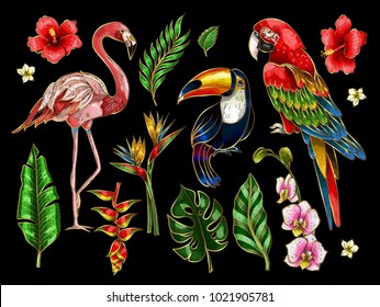 Parrot, toucan, flamingo and flowers embroidery patches elements