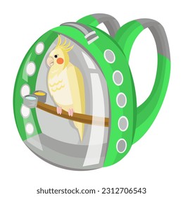 Сockatiel parrot in transparent green backpack for outdoor walk - vector illustration