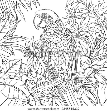 Parrot in a tree, vector illustration, outline, design.