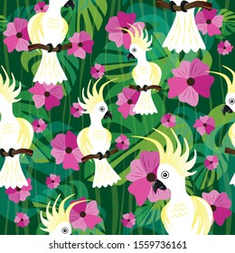 Parrot tropic bird sitting on a bench of tree. Vector illustration. Seamless pattern.