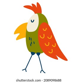 Parrot. Tropical bird. Animal funny character. Hand draw vector illustration on cute cartoon style isolated on white background.