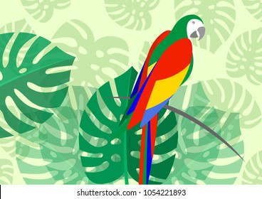 parrot tropical bird icon whit floral summer pattern green leaf of a tropical flower monstera background, vector for wallpapers, web page backgrounds, surface textures, textile.