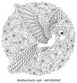 Parrot. Tropical bird. Vector illustration. Coloring book for adult and older children. Coloring page. Outline drawing.