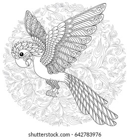 Parrot. Tropical bird. Vector illustration. Coloring book for adult and older children. Coloring page. Outline drawing.