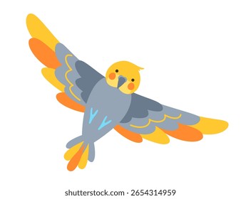 Ilustração de desenho animado tropical de papagaio. Ninfa brilhante exótica ou papagaio de cockatiel arte infantil na moda para crianças, cartão adesivo, capa de cartaz. Selva selvagem Havaiano bonito pássaro engraçado vívido personagem vetor