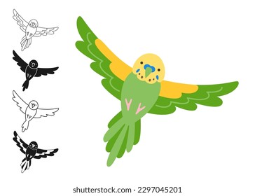 Parrot tropical cartoon set. Exotic bright budgerigar parrots flying drawing outline sign or engraved childish summer collection. Wildlife jungle Hawaiian cute wild bird, funny vivid character vector