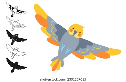 Parrot tropical cartoon set. Exotic bright nymph or cockatiel parrots flying silhouette, outline sign or engraved childish collection. Wildlife jungle Hawaiian cute bird, funny vivid character vector