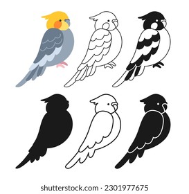 Parrot tropical cartoon set. Exotic bright nymph or cockatiel parrots sitting silhouette, outline sign or engraved childish collection. Wildlife jungle Hawaiian cute bird, funny vivid character vector