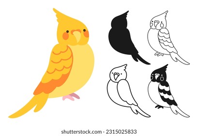 Parrot tropical cartoon set. Exotic bright nymph or cockatiel parrots sitting silhouette, outline sign or engraved childish collection. Wildlife jungle Hawaiian cute bird, funny vivid character vector