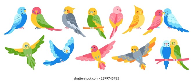 Parrot tropical cartoon set. Summer bright exotic sitting and flying bird collection. Wildlife jungle Hawaiian cute parrots, funny pretty parakeet characters hand drawn vivid vector illustration