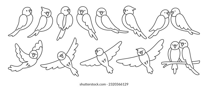 Parrot tropical contour linear set. Summer wild exotic sitting or flying bird collection. Wildlife jungle Hawaiian cute parrots funny pretty parakeet characters hand drawn isolated vector illustration