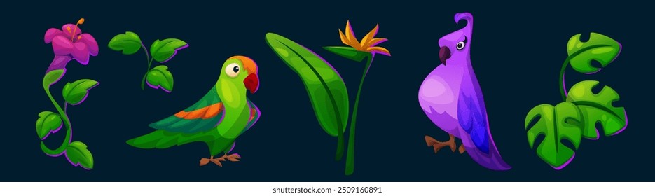 Parrot and tropical flower summer illustration. Exotic plant leaf for paradise nature with green bird icon set. Botanical drawing element for summertime graphic with cute wildlife character collection