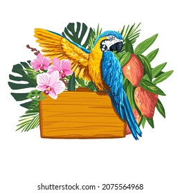 Parrot, tropical fruits, leaves and flowers with wooden sign with place for your text. vector hand drawn illustration with tropical island theme