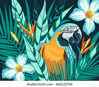 Parrot tropical green leaf and flower background, vector illustration