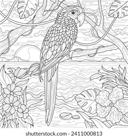 
Parrot and tropical landscape.Coloring book antistress for children and adults. Illustration isolated on white background.Zen-tangle style. Hand draw
