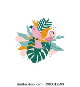 Parrot with tropical leaves, monstera, palm leaves, hibiscus, vector illustration