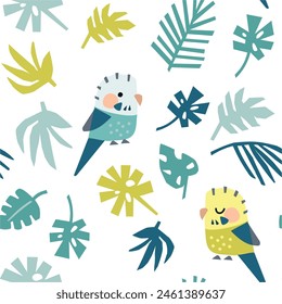 Parrot and tropical leaves. Summer seamless pattern. White background.