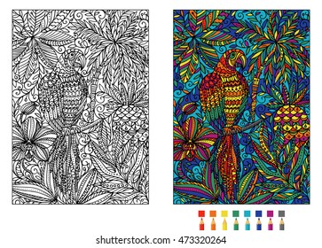 Parrot and tropical plants. Coloring pages. Creative monochrome vector illustration.