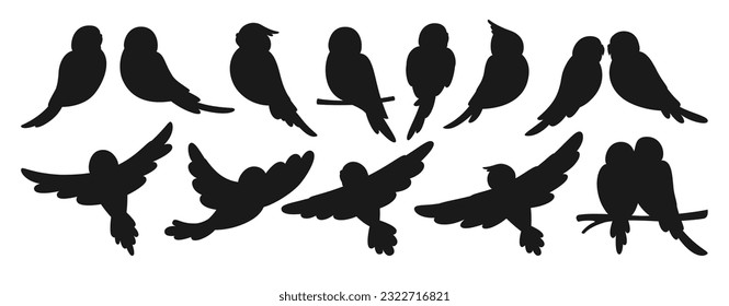 Conjunto de silueta tropical de loro. Sesión exótica salvaje de verano y colección de aves voladoras. Selva de vida salvaje loros lindos hawaianos, graciosos personajes de paracaídas dibujados a mano ilustración vectorial