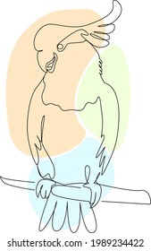 A parrot with a tuft on a branch. Linart vector illustration. Bird abstract drawing