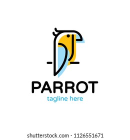 Parrot vector logo design template. Graphic exotic bird logotype, sign and symbol. Geometric line style illustration isolated on background. Tropic animal badge for veterinary clinic, pet food