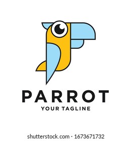 Parrot vector logo design template. Graphic exotic bird logotype sign and symbol. Geometric line style illustration isolated on background. Tropic animal badge for veterinary clinic pet food