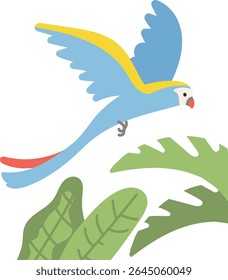 A parrot with vibrant wings soars above large tropical leaves in a flat style. The bird's dynamic pose contrasts with the bold foliage below. Cartoon vector illustration.