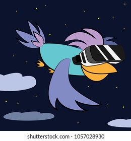 A parrot with vr glasses. Vector illustration of a cartoon character. Bird wearing virtual reality headset