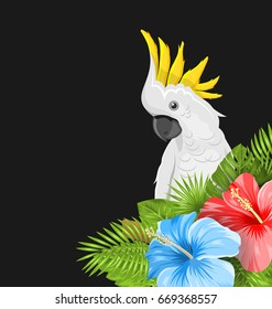 Parrot White Cockatoo with Colorful Hibiscus Flowers Blossom and Tropical Leaves, Exotic Background - Illustration Vector