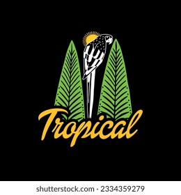 parrot in a yellow sun, between two tropical plant leaves vector t-shirt fashion design