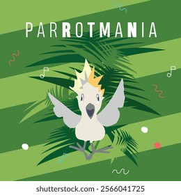 Parrotmania, book cover. Little parrot with fences behind