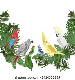 Parrots Ara, Jaco, wavy,cockatoo parrot , Corella on tropical branches on a white background. A vector sign, a postcard for summer designs.