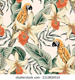 Parrots, banana palm leaves, orange orchid flowers, light background. Vector floral seamless pattern. Tropical illustration. Exotic plants, birds. Summer beach design. Paradise nature