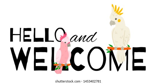 Parrots banner vector illustration. Hello and welcome. Birds sitting on branches. Wildlife of jungle and tropical forests of Amazon. Realistic animals isolated on white background.