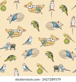 Parrots birds, cat, dog pets vector seamless pattern.