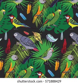 parrots birds with palm leaves pattern