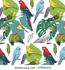 parrots birds with palm leaves pattern